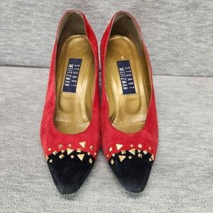 Vintage 90s Stewart Weitzman red black gold accents kitten suede heels womens 9